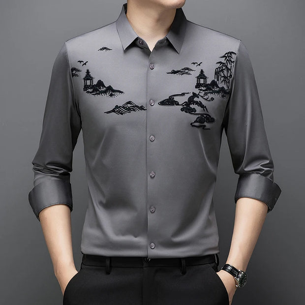 Chemises de luxe à rivets floqués pour hommes, manches longues